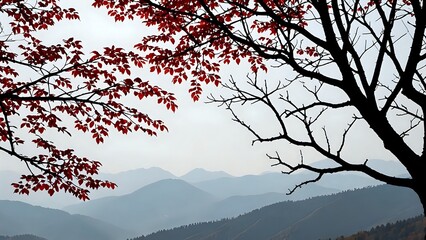 Wall Mural - Silhouetted branches with autumn red leaves. Mountain view background