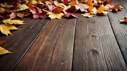 Wall Mural - Autumn leaves on wooden background