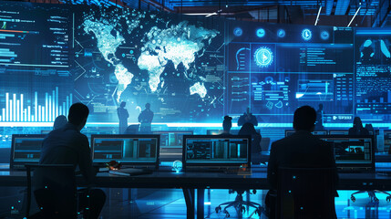 Poster - a simulated data breach scenario with visual elements like breach notifications, compromised data alerts, and response actions by cybersecurity teams. digital data protection cyber tech