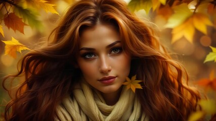 Wall Mural - Beautiful redhead woman on autumn background