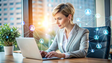 A professional woman working on a laptop at her desk in an office, smiling as she types.