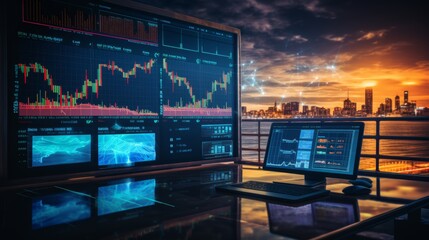 Sunset oil trading concept with barrels, stock chart, and offshore rigs in a scenic offshore setting