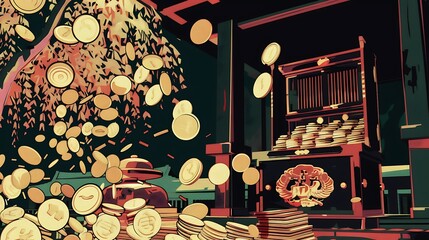 Japanese Temple with Falling Coins Illustration.