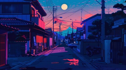 Sticker - A picturesque alleyway in Japan bathed in the soft glow of a setting sun.