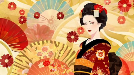 Wall Mural - Japanese Woman in Traditional Kimono with Floral Background and Folding Fans.