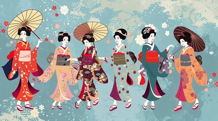 Canvas Print - Six Geishas in Traditional Kimonos with Umbrellas and Flowers on a Blue Background.