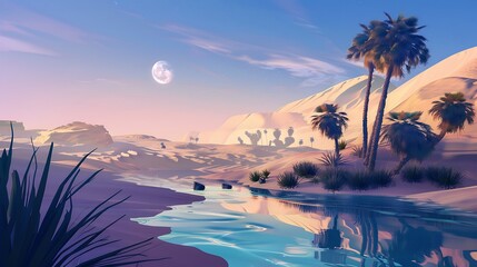 Sticker - Serene Desert Oasis with Palm Trees and a Winding Stream Under a Crescent Moon.