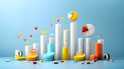 Wall Mural - 3D Abstract Business Chart with Financial Symbols.