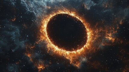 Wall Mural - black hole event horizon surrounded by swirling orange fire in deep space