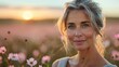 © Svfotoroom - A serene portrait of a mature woman with gray hair standing in a field of pink flowers at sunset.