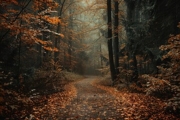 Poster - Autumn forest light tranquility landscape.