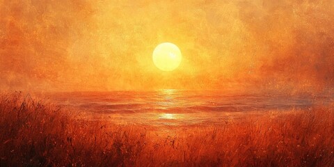 Sticker - Golden Sunset Over the Ocean with Grassy Foreground