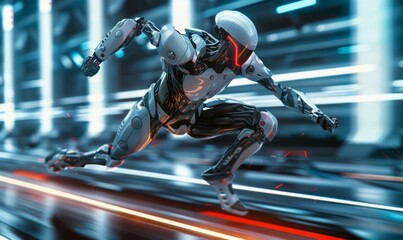 Dynamic robotic athlete sprinting in a cyber arena, showcasing advanced tech