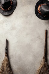 A flat lay with a small witch's hat and broomstick placed in two corners, leaving a wide open space in the middle of the background