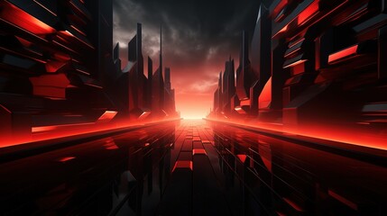 Futuristic city street with glowing red buildings and a reflective surface.