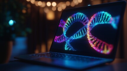 Poster - colorful digital dna strands displayed on a laptop screen with a blurred background of fairy lights