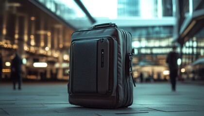 A sleek travel suitcase stands in an urban plaza surrounded by people during the evening hours