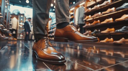 High-end shoe store, customer trying on designer shoes