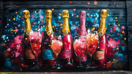 Wall Mural - Colorful graffiti mural depicting champagne bottles and full glasses