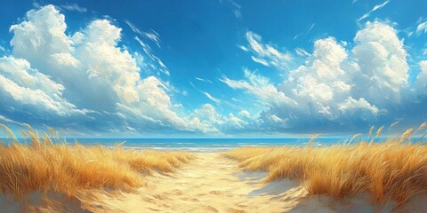 Canvas Print - Sandy Beach Path with Tall Grass and Blue Sky with Clouds