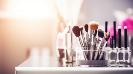 Wall Mural - Close up make-up brushes on the table with copy space. Beauty industry accessories.