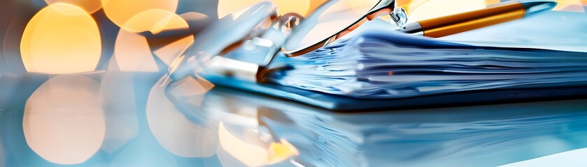 Wall Mural - Stack of Papers with Glasses and Pen.