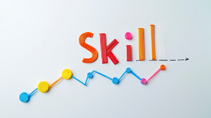 Skill development graph illustrated with letters and shapes on a plain background