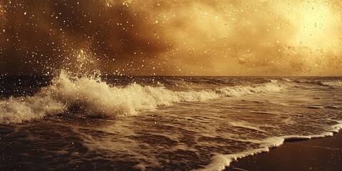 Sticker - Golden Sunset Over a Tranquil Sea with Waves Breaking on the Shore