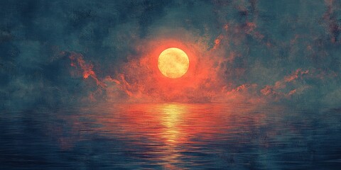 Wall Mural - A Large Orange Moon Rising Over Rippling Water