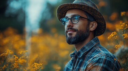 A man wearing a hat and glasses is sitting in a field of yellow flowers