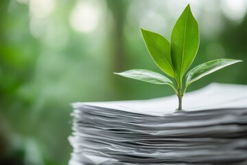 Conceptual photography of a plant growing out of a stack of documents, symbolizing sustainable business growth, high resolution, detailed textures, crisp focus