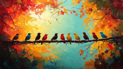 Canvas Print - Colorful birds perched on branch in autumnal forest