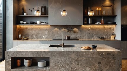 Wall Mural - Modern kitchen with marble countertops and stylish lighting in a contemporary home