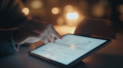 Poster - person analyzing data on a tablet in a dimly lit environment during evening hours