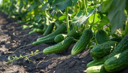 Fresh cucumbers growing in a sunny garden field during summer