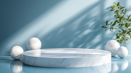 Poster - A white marble pedestal with a plant and three white balls on it
