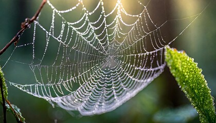 A close-up macro shot of a dew-covered spider web in a forest at dawn. The delicate strands of the web glisten with tiny droplets of water, while the background is softly blurred with hints of green f
