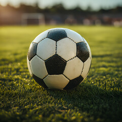 Traditional round ball laying on grass of soccer field