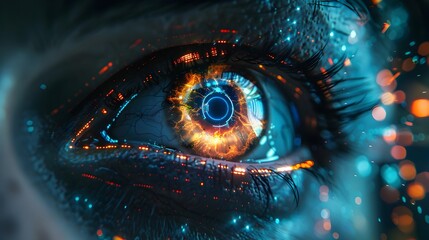 Poster - Captivating Cybernetic Eye with Neon Circuits and Holographic Displays in Futuristic Face