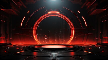 Futuristic red lit portal with a platform.