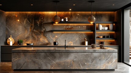 Wall Mural - Modern kitchen interior with marble countertops and warm lighting at dusk