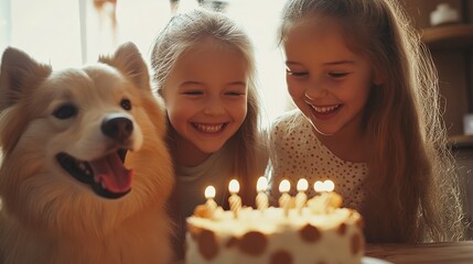 Canvas Print - A joyful birthday celebration captured in a photo, as two girls strike a pose with a fluffy dog and a cake adorned with candles, their beaming smiles radiating warmth and love indoors