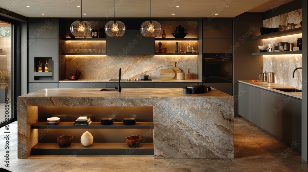 Modern kitchen interior with elegant stone island and ambient lighting ...