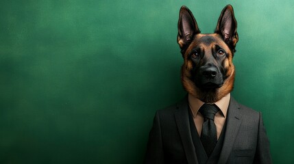 Lifestyle portrait photography of a cute belgian malinois dog wearing a dapper suit against a green background.