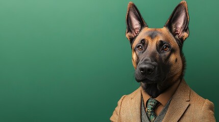 Lifestyle portrait photography of a cute belgian malinois dog wearing a dapper suit against a green background.