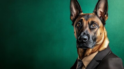 Lifestyle portrait photography of a cute belgian malinois dog wearing a dapper suit against a green background.