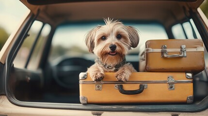 Canvas Print - Cute dog goes on a trip by car with suitcases. Concept tourism, vacation