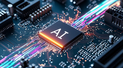 Poster - AI Chip on Motherboard with Glowing Lines - Perfect for Tech & Innovation Projects