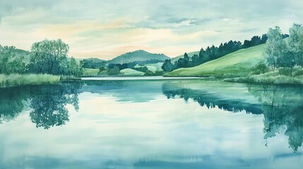 Wall Mural - Calm lake reflecting green hills and trees on a cloudy day