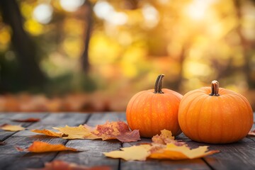 Two vibrant pumpkins resting on a wooden table surrounded by autumn leaves in a sunny forest setting during a crisp fall afternoon